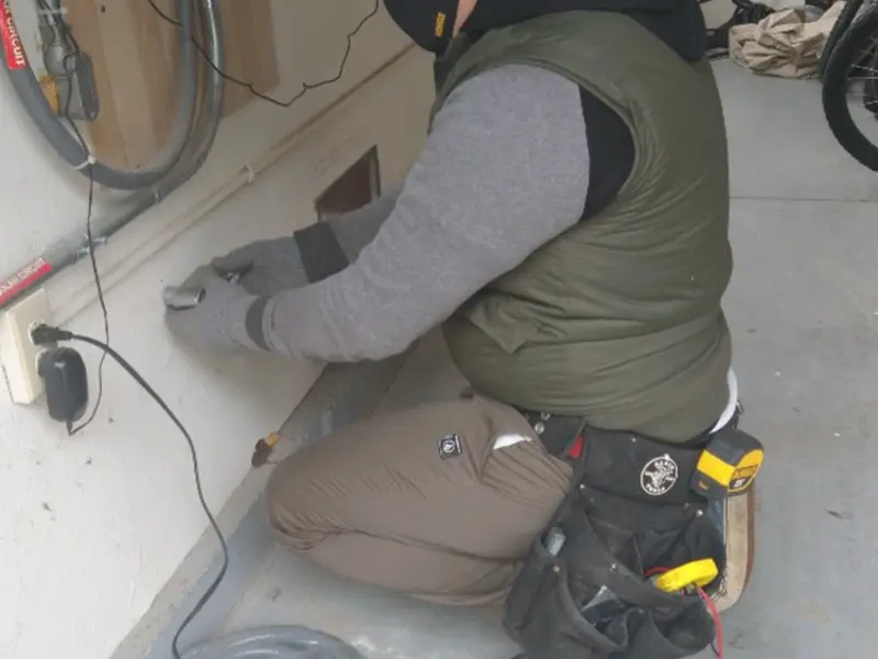 Electrician performing outlet wiring in a Ridgeway garage